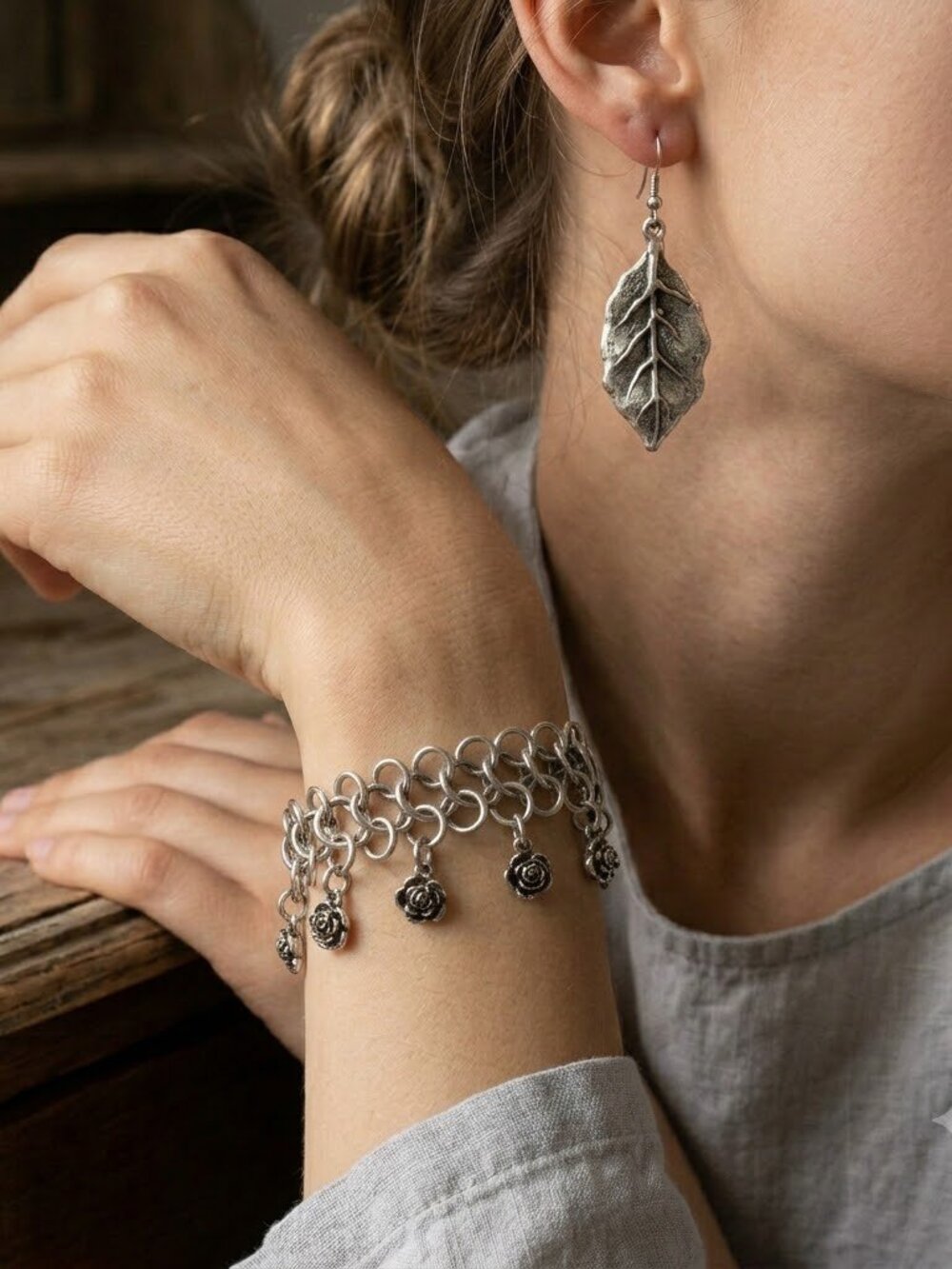 Pewter silver tone chain bracelet and matching earrings set rose and leaf